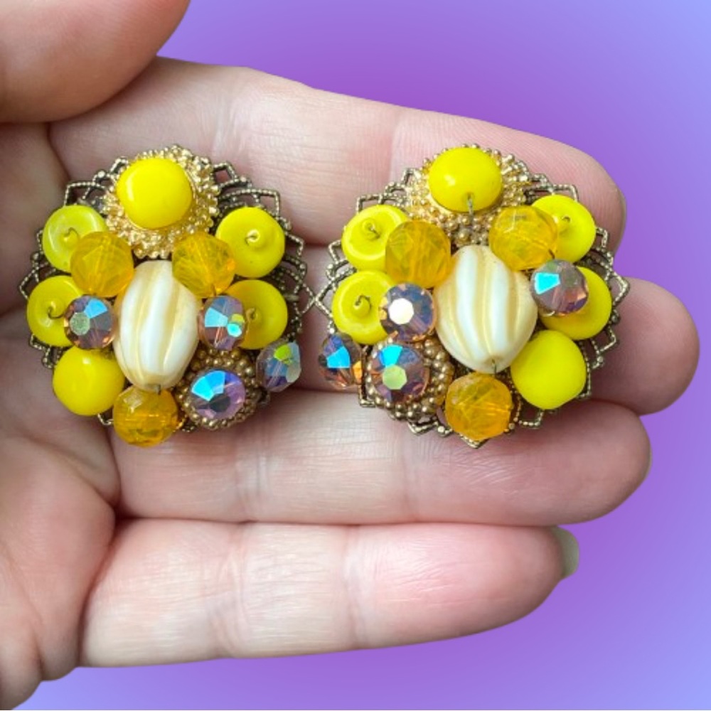 Vintage citrus art glass cluster clip-on earrings goldtone unmarked
